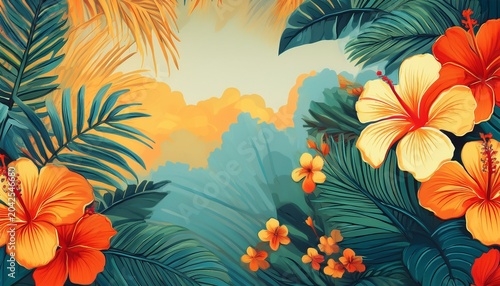 hibiscus flowers and palm leaves create a lively summer scene