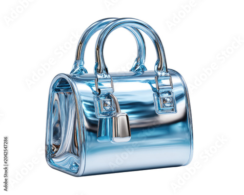 Metallic Handbag Icon: A sleek, metallic handbag in a shimmering blue hue is depicted, designed to be a versatile graphic element for fashion and style themes.