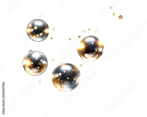 Abstract Bubbles with Golden Sparkles: A cluster of transparent, metallic spheres adorned with shimmering golden light reflections and tiny gold particles, creating a captivating abstract composition.