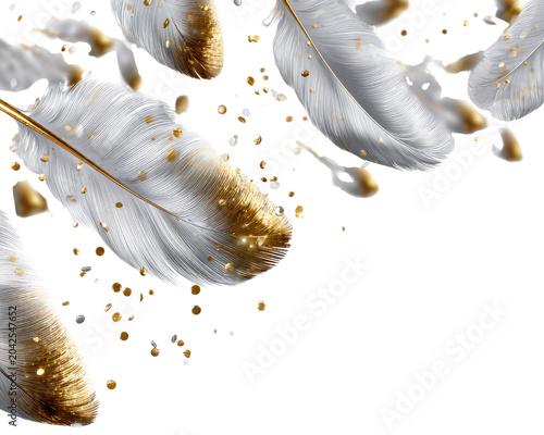 Golden Feathers of Dreams: Delicate white feathers adorned with shimmering gold dust cascade downwards, creating an ethereal and luxurious visual. Perfect for themes of dreams, elegance.