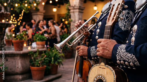 Mariachi band men playing musical instrument during Mexican holiday celebration. Traditional musicians in ornate suit performing live music at outdoor fiesta. Authentic culture event.