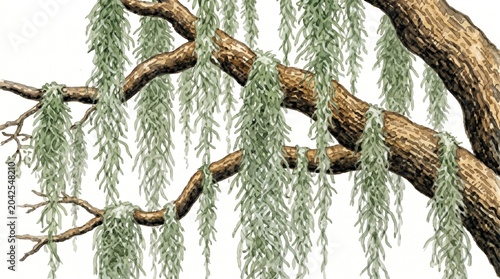 Watercolor botanical illustration of an old tree branch with hanging Spanish moss, isolated on a white background. Hand-drawn nature element
