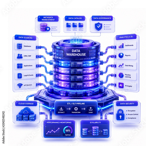 3D Enterprise Data Warehouse Platform with Connected Databases, Cloud Storage and Analytics Infrastructure