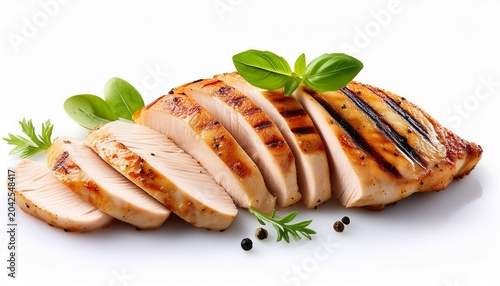 grilled sliced chicken breast on white background