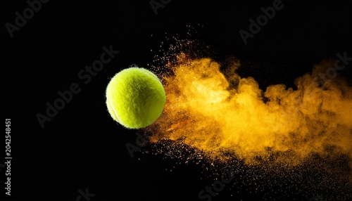 tennis ball flying through the air with an explosion of bright yellow smoke in front of a black background tennis sport concept in panorama design banner for your text