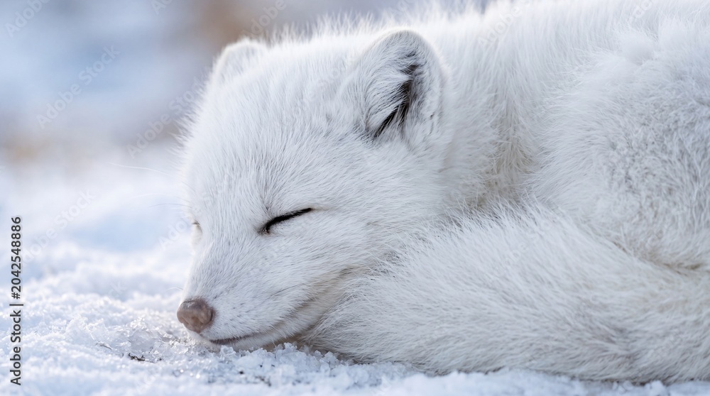 Naklejka premium A pristine white Arctic fox rests with closed eyes, curled atop icy snow. Its thick fur radiates a feeling of tranquil winter sleep, peaceful resilience, and soft camouflage.