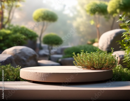 natural thyme podium front view focus with a zen garden background ideal for wellness and spa product displays