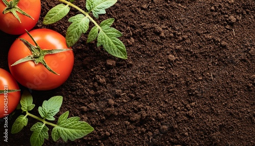 soil background top view with little tomato plant on the right side