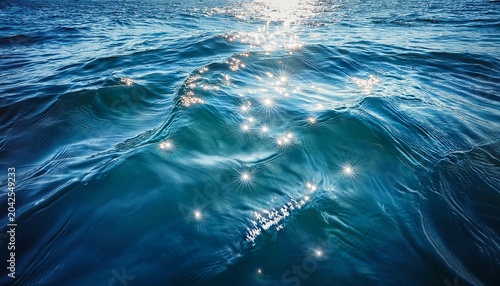 close up of sparkling blue water surface with gentle waves and sun reflections