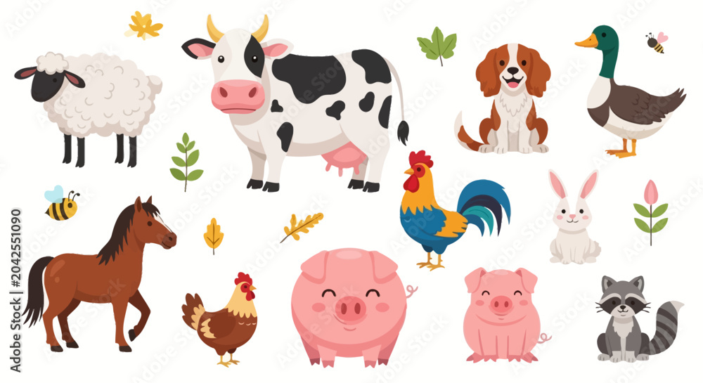Fototapeta premium Farm Animals Vector Icons, Colorful Cute Farmyard Pets, 13 Flat Style Illustrations