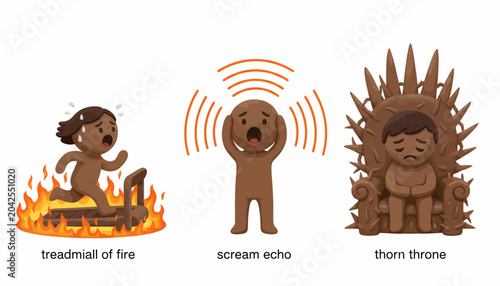 Bilde på lerret Cartoon illustrations, emotive characters, thorn throne, scream echo, treadmill