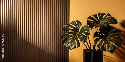 Green palm with reeded glass. White Reeded Glass. Plant leaves. Sunny banner for minimal wood presentation. Minimalist vanity background with frosted texture for spa aesthetic. Ribbed Background.