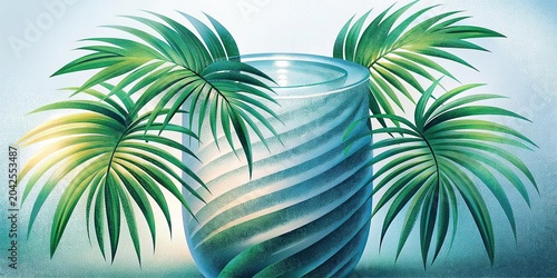 Green palm with reeded glass. Plant leaves. White Reeded Glass. Pure aesthetic behind frosted panel for modern beauty illustration. Ribbed Background. Minimal magazine concept on wood banner.