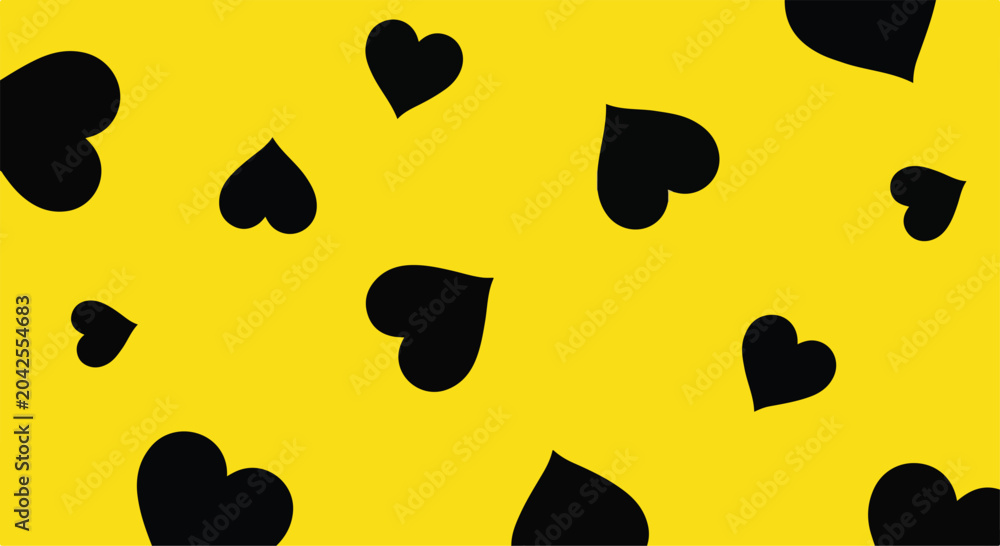 Fototapeta premium Bright yellow background with scattered black heart shapes creating a playful and romantic pattern