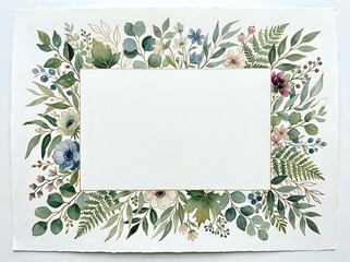 Watercolor botanical frame with eucalyptus leaves, ferns and wildflowers on white background. Floral border for wedding invitations and greeting cards.