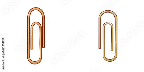 Two metal paper clips one copper and one gold on a white background