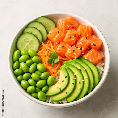 Healthy salmon poke bowl with avocado edamame cucumber and carrot on