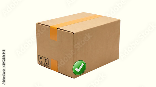 A cardboard box with a green checkmark sticker, indicating delivery confirmation or successful shipment