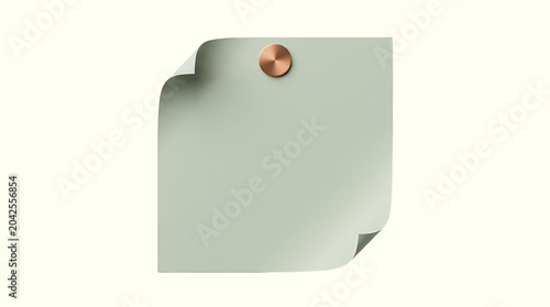 A pastel green sticky note with a copper pushpin is affixed to a plain background. The corner of the note is curled upwards, suggesting it is ready to be written on or has recently been used.