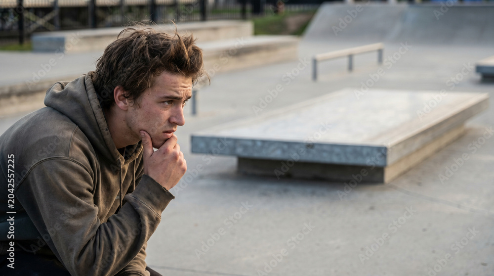 Obraz premium Thoughtful young man sitting alone at concrete skatepark