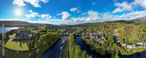 Bild auf Leinwand 180° Panorama Aerial Drone Shot at Lock Chambers at Fort Augustus in the Parish