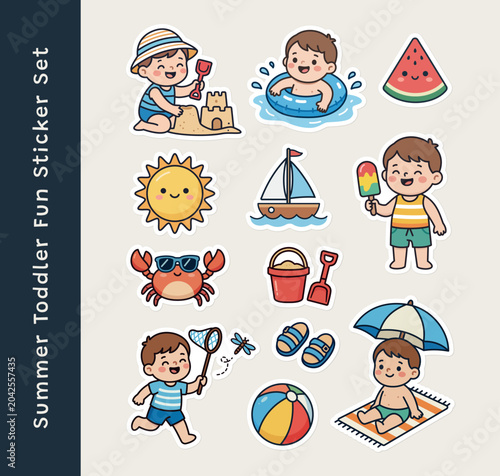 Vector illustration of a summer toddler fun sticker set featuring adorable beach activities