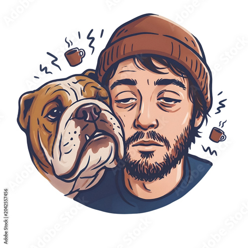 A dog's nose touches the owner's face, a tired man with an English bulldog and a vector illustration of coffee