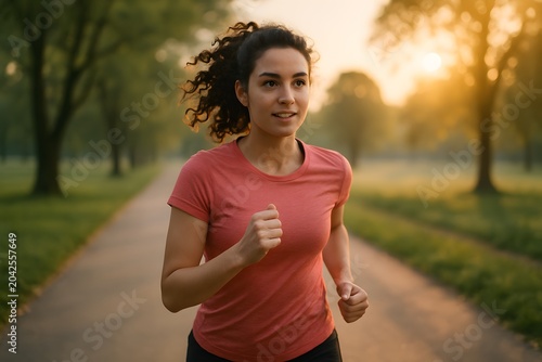 Young woman jogging on a park path at sunrise fit active female