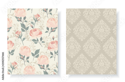 Set of two seamless grandmillennial patterns: rose damask floral on cream and baroque medallion on beige. Elegant vintage design for wallpaper, wedding stationery, fabric, home decor, gift wrapping.