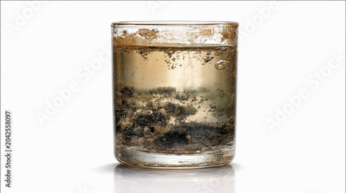 A glass filled with murky, contaminated water containing sediment, dirt, and debris, highlighting water pollution and environmental issues