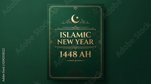 Minimal green and gold poster, text “Islamic New Year 1448 AH”