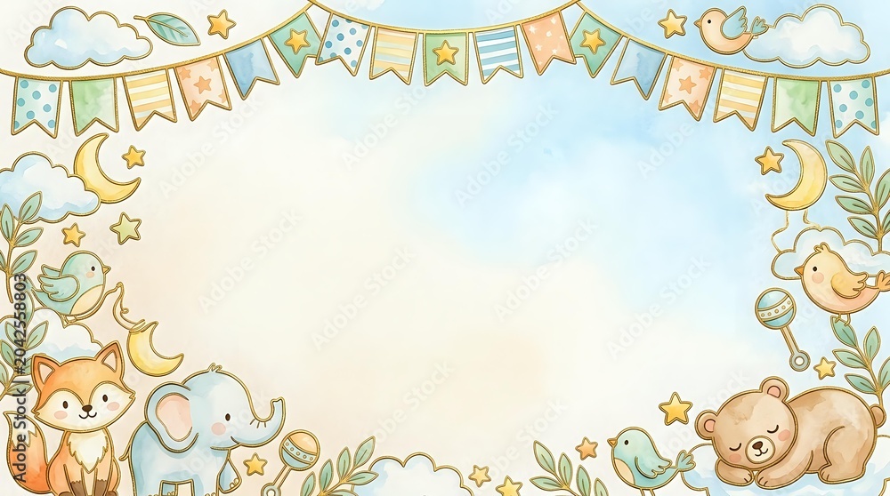 Fototapeta premium Cute woodland animals with bunting and stars frame isolated on white background, ready for nursery decor, baby shower invitations, greeting cards and children's design projects.