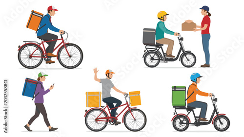 Schilderij op canvas Six delivery people on bicycles and scooters with insulated bags and packages de