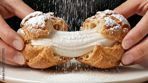 Delicate Hands Holding Cream-Filled Choux Pastry Dusting Powdered Sugar Close-Up on Dark Background
