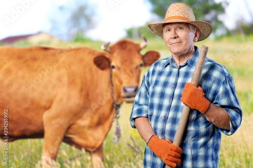 Foto Happy handsome senior farmer in glaves