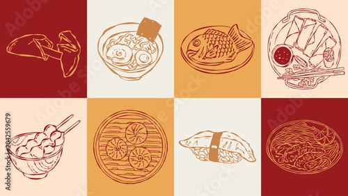 Asian food illustration set in retro red and orange palette. Gyoza, ramen, taiyaki, spring rolls, dango, dim sum, nigiri and noodles illustrations