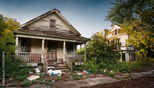 a dilapidated house with a front porch surrounded by overgrown vegetation and trash in a neglected neighborhood