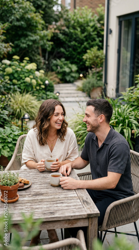 young couple relaxing at home in the garden