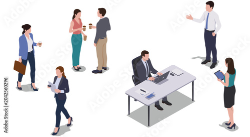 Diverse group of business people in isometric view engaged in various office activities