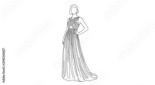 Bild auf Leinwand Black and white line of a woman in a long pleated gown with a draped bodice fash