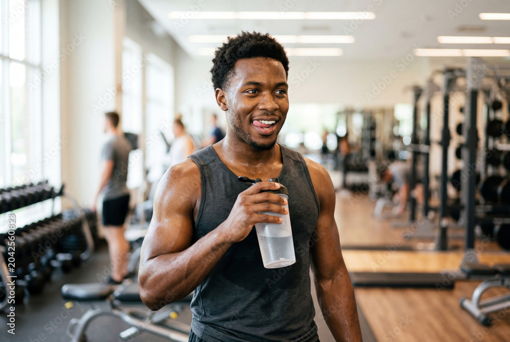 Naklejka premium Smiling african american man drinking water from a shaker bottle in a fitness center