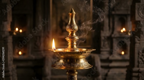 Traditional Indian Vilakku Brass Oil Lamp Glowing in Temple