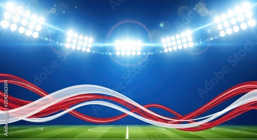 Football stadium background with floodlights and red white ribbons
