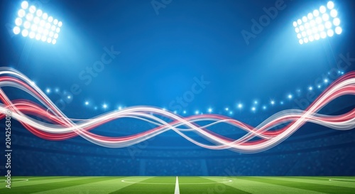 Soccer stadium panorama with twin floodlights and crossing ribbon waves