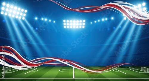 Football stadium with floodlights goals and red white ribbon graphics