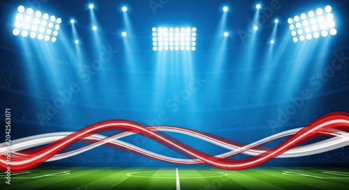 Football stadium interior with floodlights and red white ribbon waves