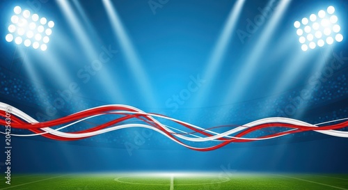 Football stadium background with two floodlight towers and red white ribbons