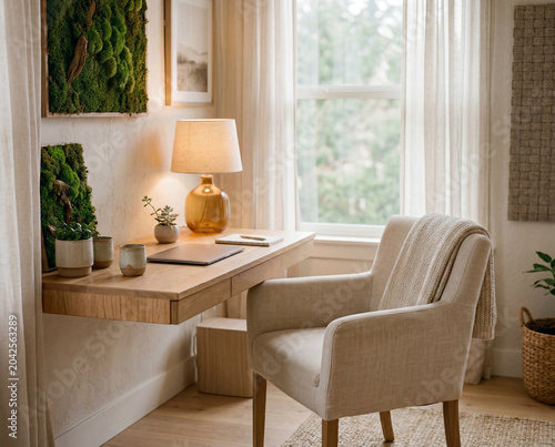 Calming minimal home office nook designed for sensory regulation with natural light and biophilic interior design