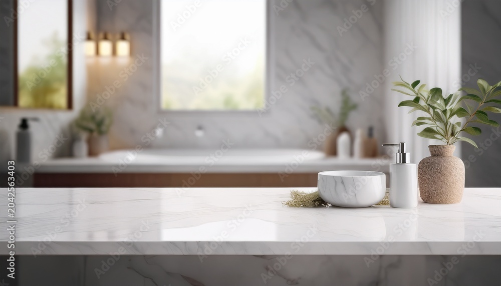 Fototapeta premium white bathroom interior empty marble table top for product display with blurred bathroom interior background digital ai art
