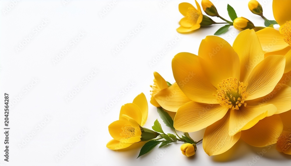 Fototapeta premium vivid yellow blossoms on white perfect for botanical banners and summer design themes